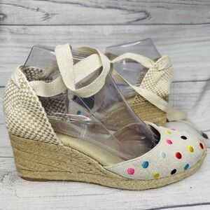 Boden Cassie Espadrille Wedge Ankle Tie Gladiator  Oatmeal Multi Polka Dot 37